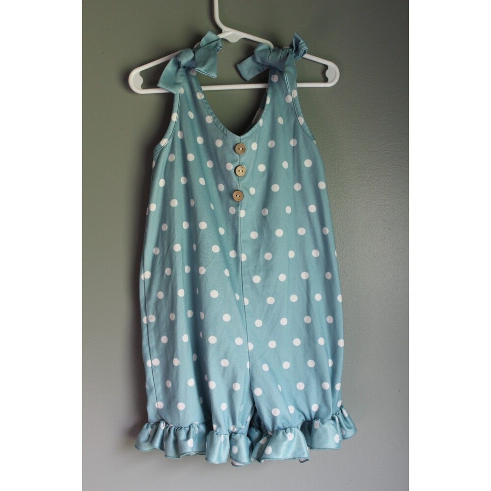 Dash of Glitter Blue Green White Polka Dot Romper Girls Size Large